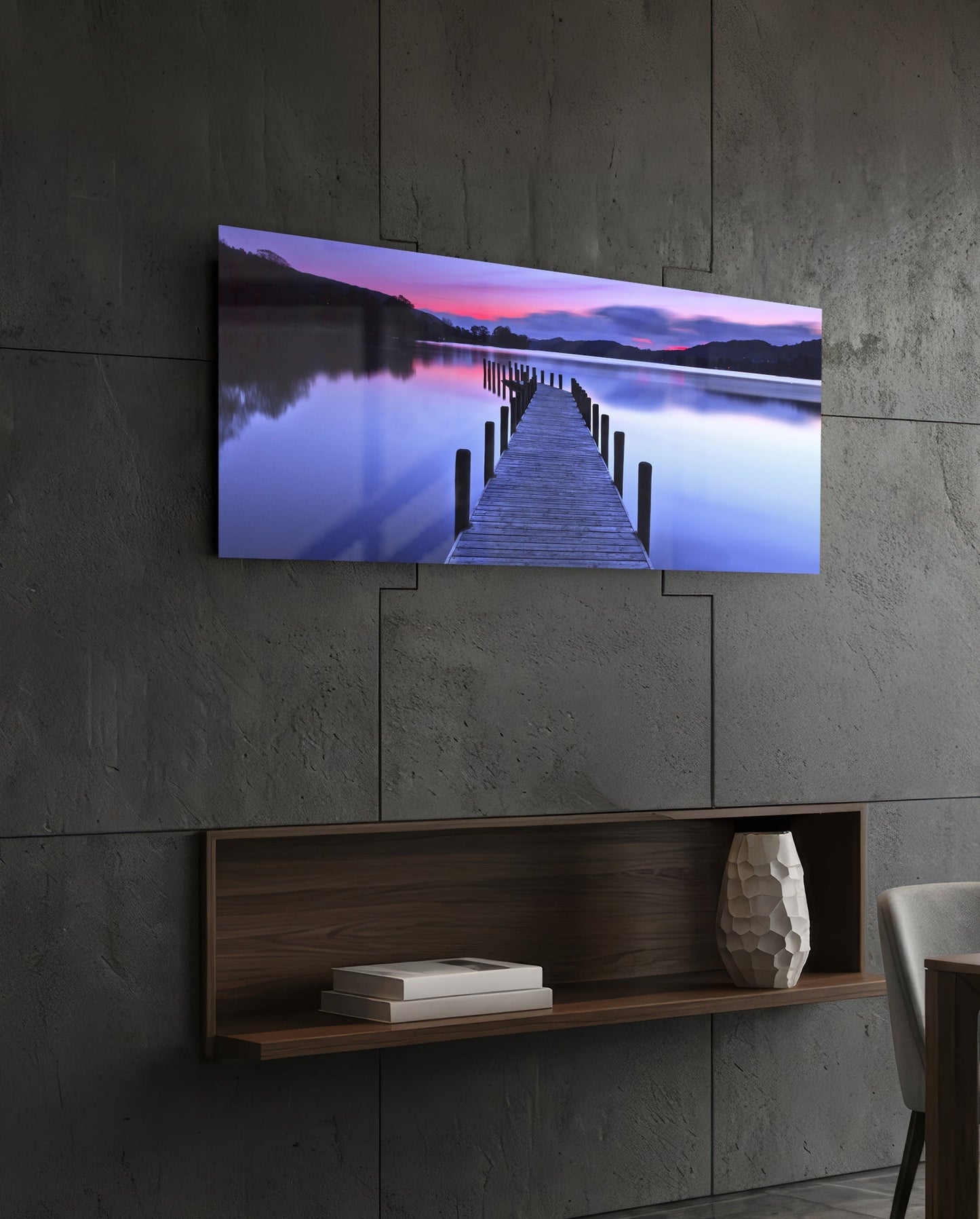 Purple Twilight Wooden Jetty Glass Wall Art