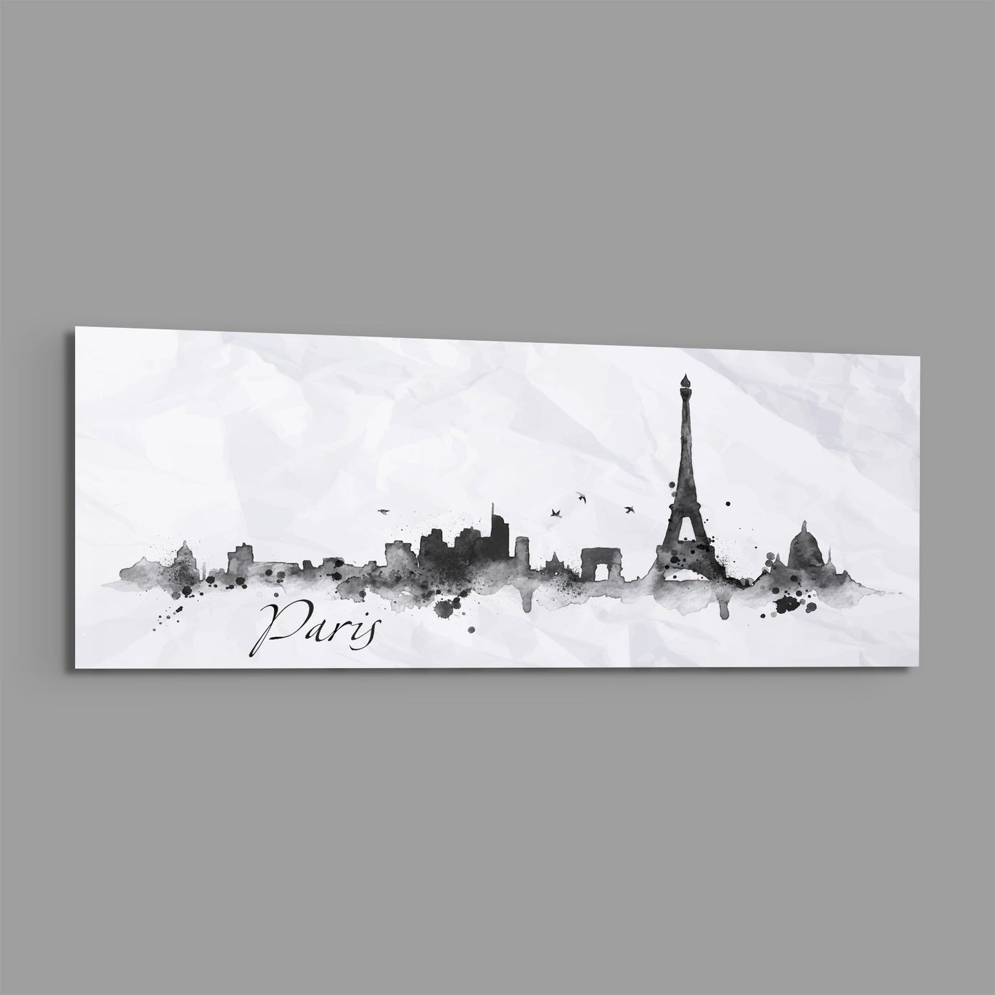 Black watercolor Paris skyline silhouette with Eiffel Tower centered on white background glass panel with "Paris" script text.