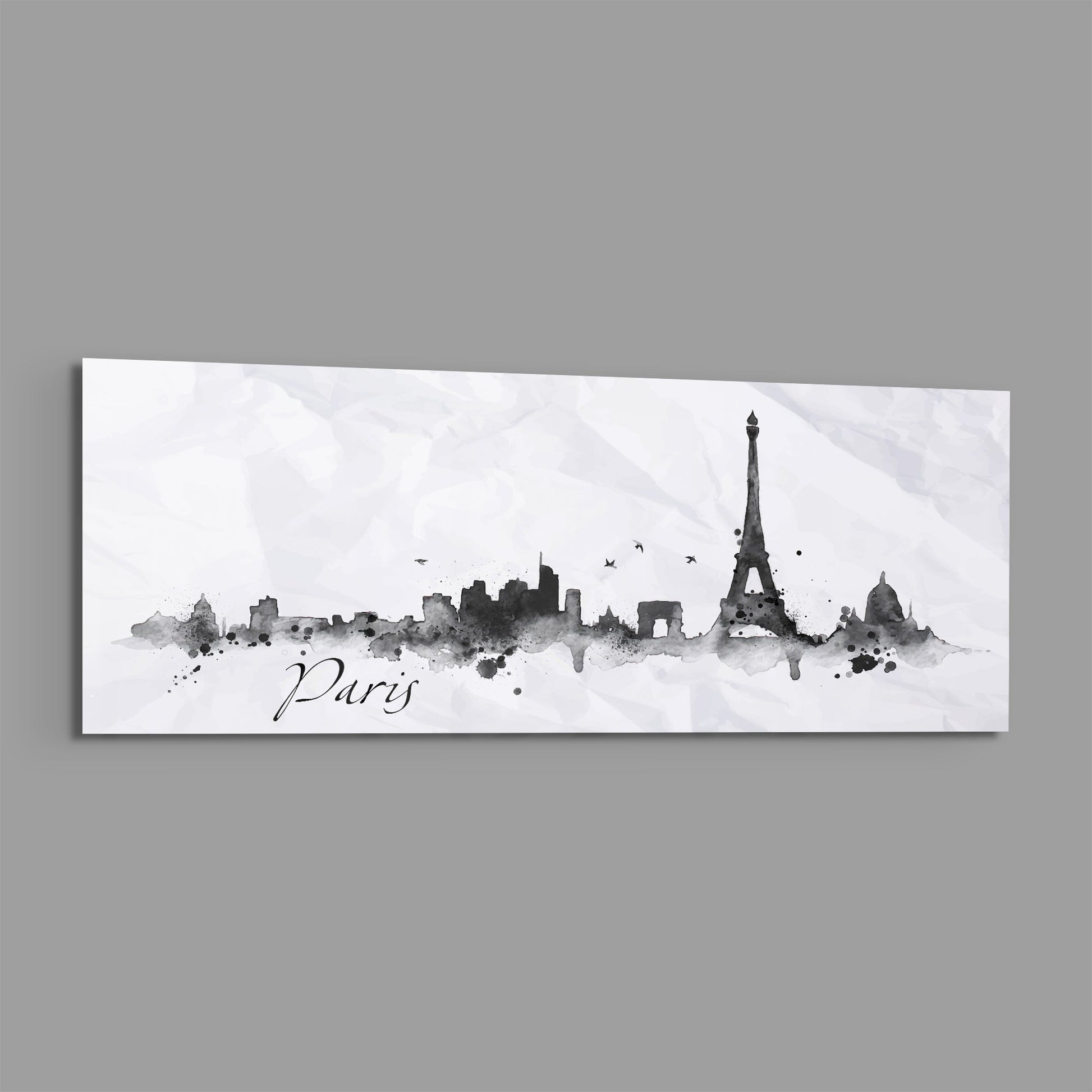 Black watercolor Paris skyline silhouette with Eiffel Tower centered on white background glass panel with "Paris" script text.