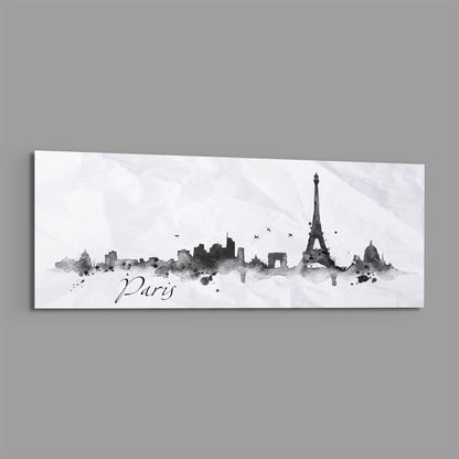 Black watercolor Paris skyline silhouette with Eiffel Tower centered on white background glass panel with "Paris" script text.