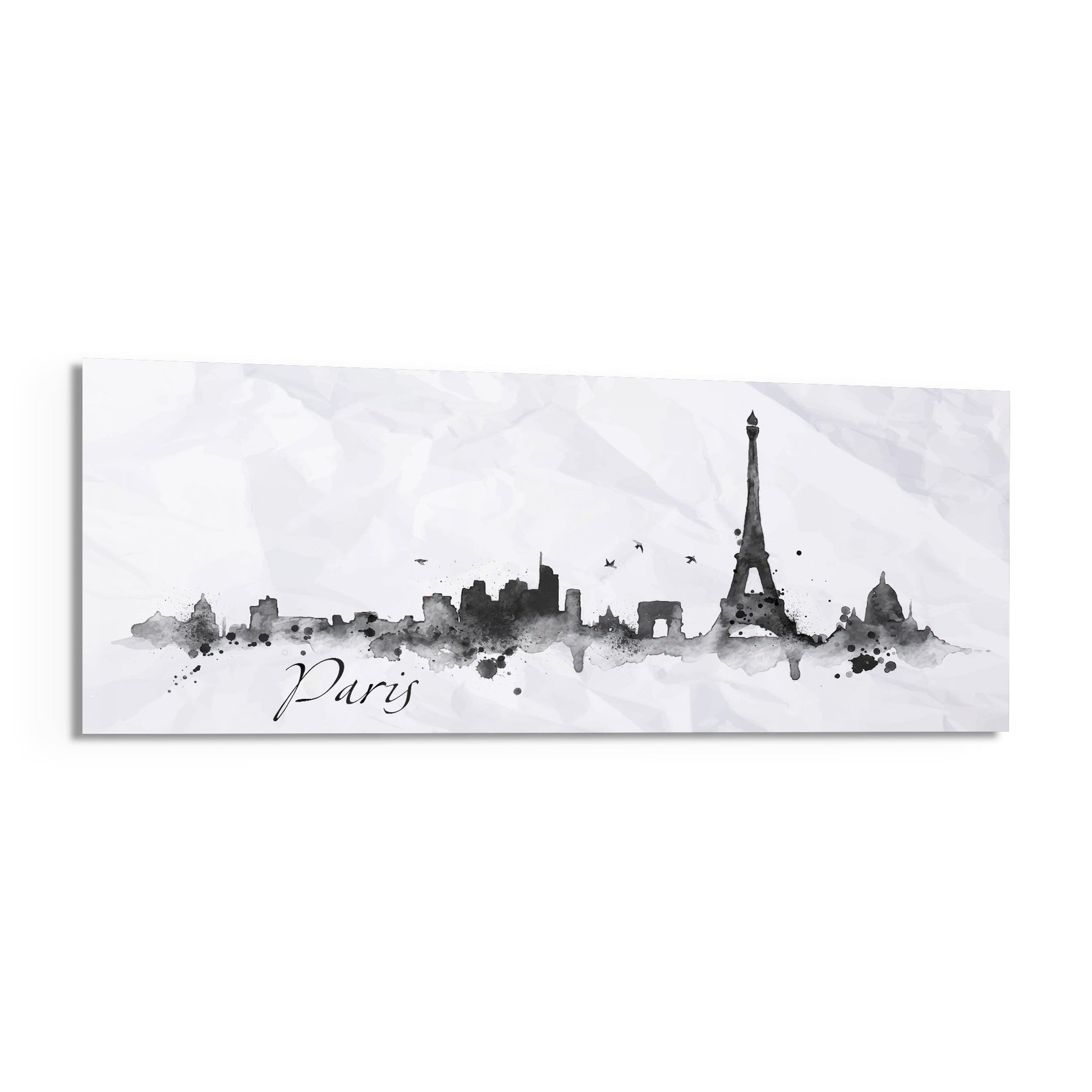 Horizontal glass wall art featuring a monochromatic watercolor Paris skyline with Eiffel Tower and "Paris" script on white background.