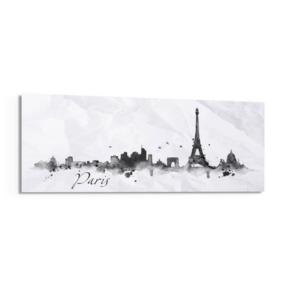 Horizontal glass wall art featuring a monochromatic watercolor Paris skyline with Eiffel Tower and "Paris" script on white background.