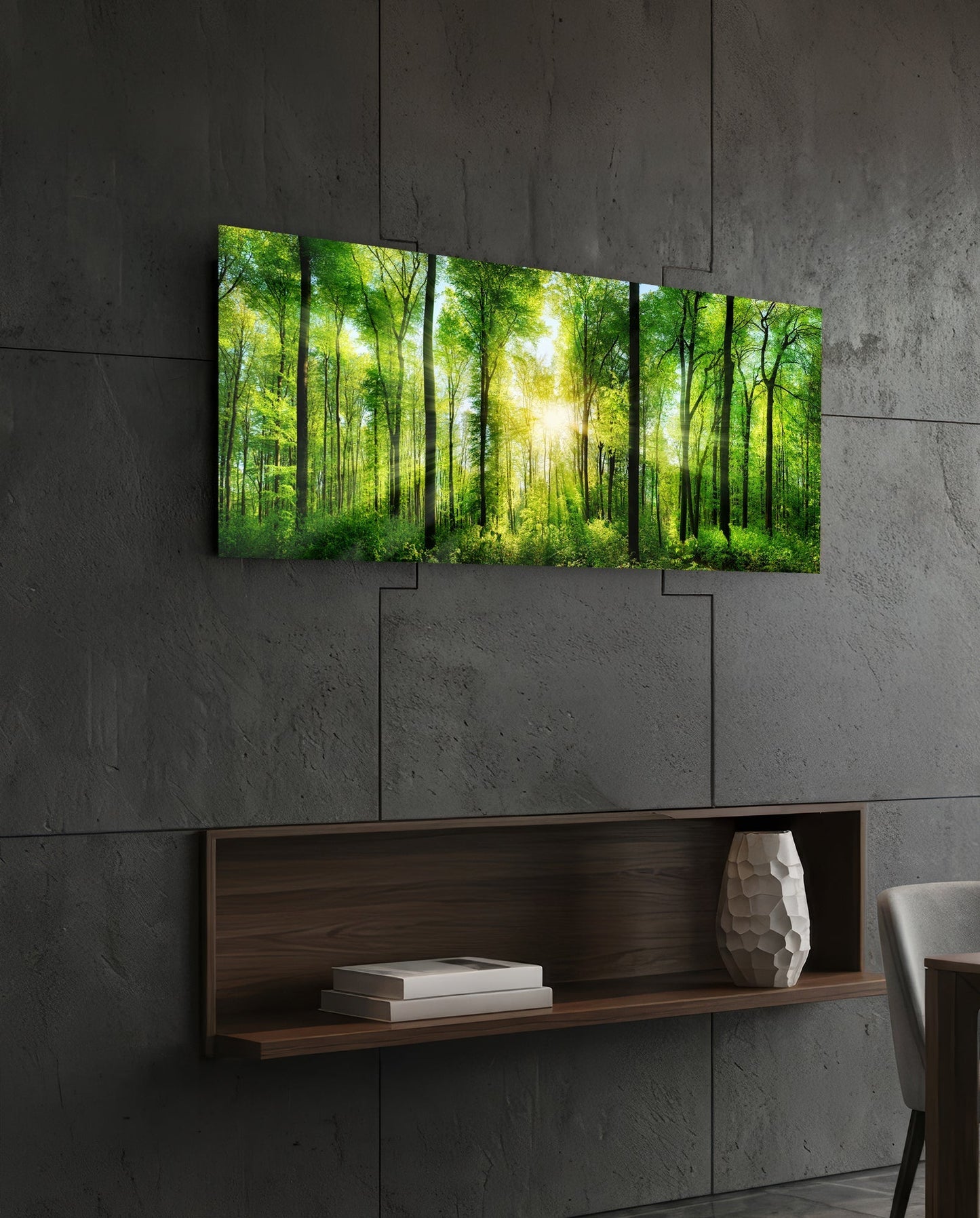 Sunburst Through Green Beech Forest Glass Wall Art