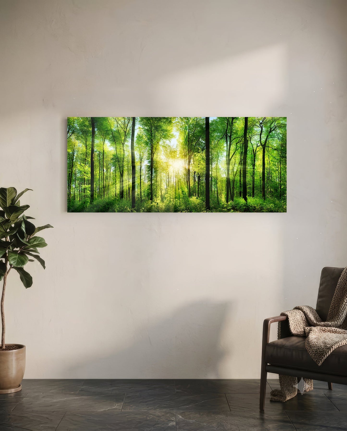 Sunburst Through Green Beech Forest Glass Wall Art