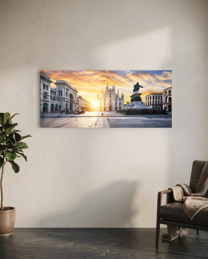 Medieval Glass Wall Art displaying Milan's Duomo cathedral at golden sunset, mounted on white wall above leather chair.