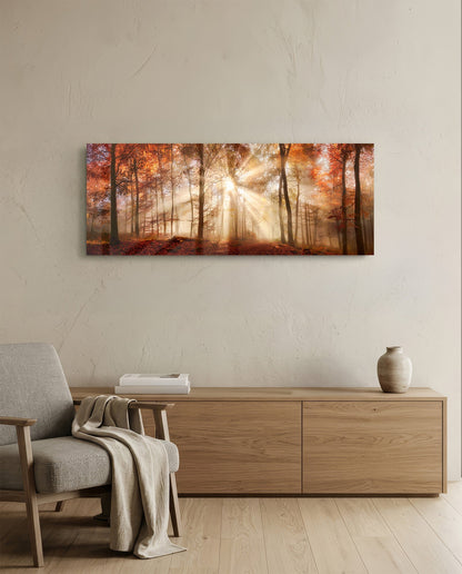 Amber Autumn Forest Light Rays Glass Wall Art