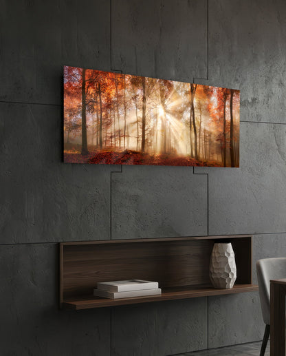Amber Autumn Forest Light Rays Glass Wall Art