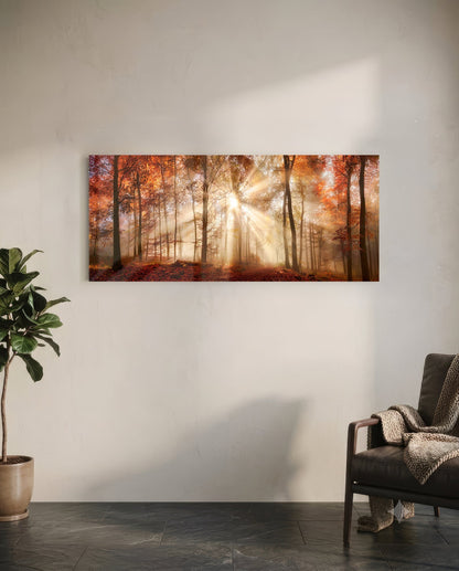 Amber Autumn Forest Light Rays Glass Wall Art