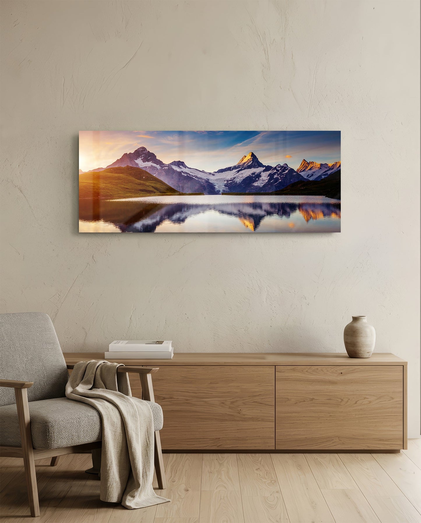 Sunrise Snowy Peaks Mirror Lake Glass Wall Art