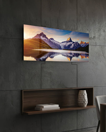 Sunrise Snowy Peaks Mirror Lake Glass Wall Art