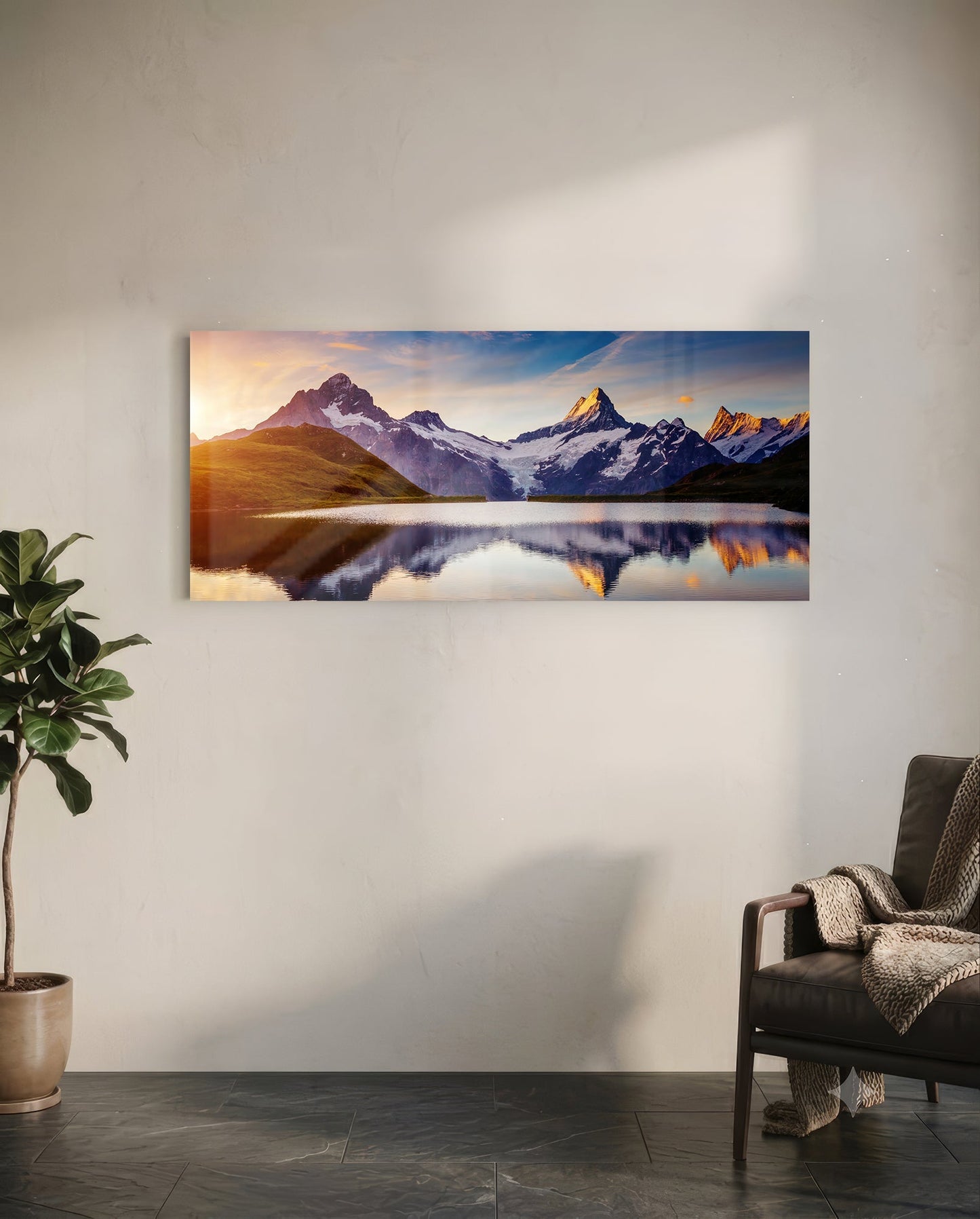 Sunrise Snowy Peaks Mirror Lake Glass Wall Art