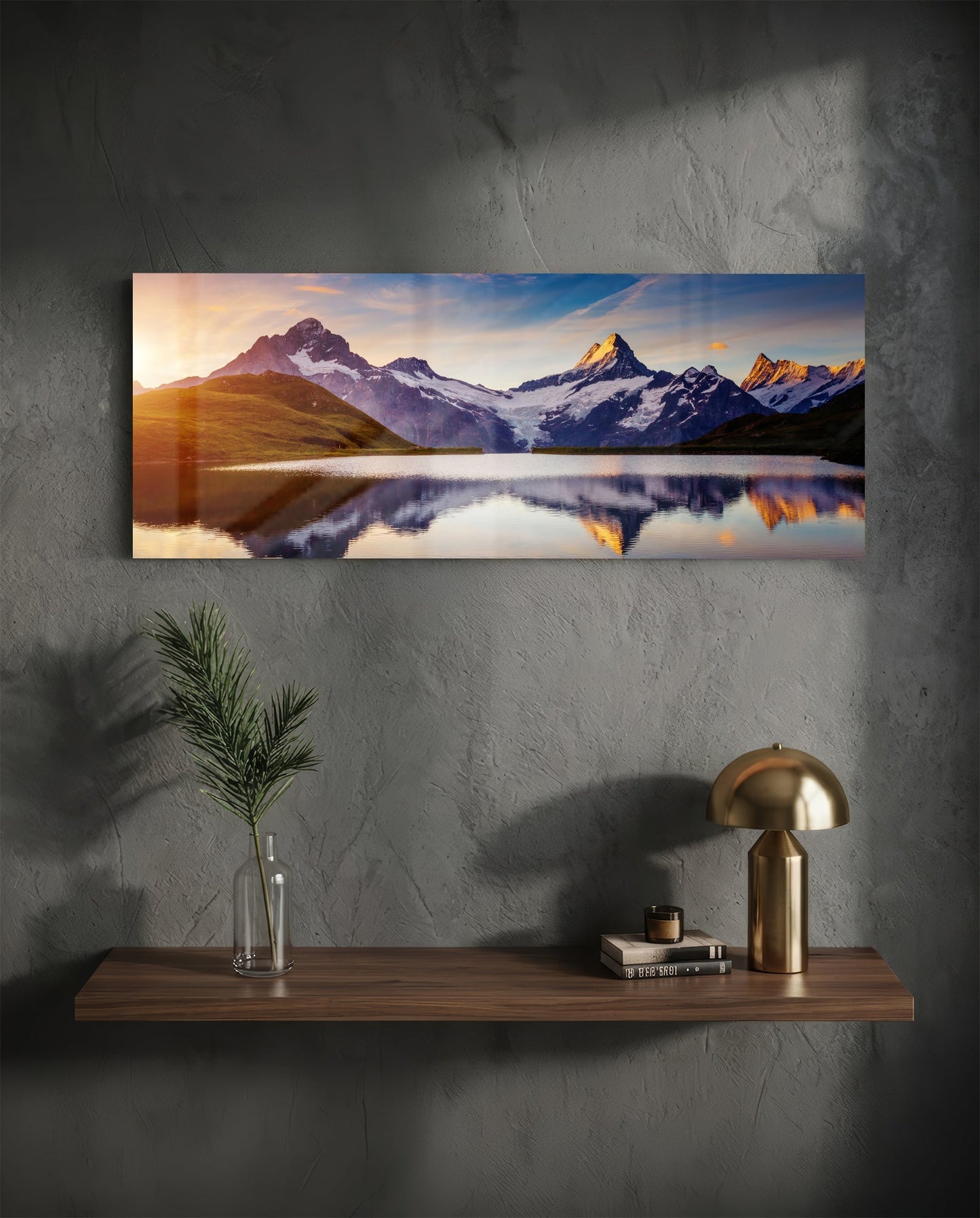 Sunrise Snowy Peaks Mirror Lake Glass Wall Art
