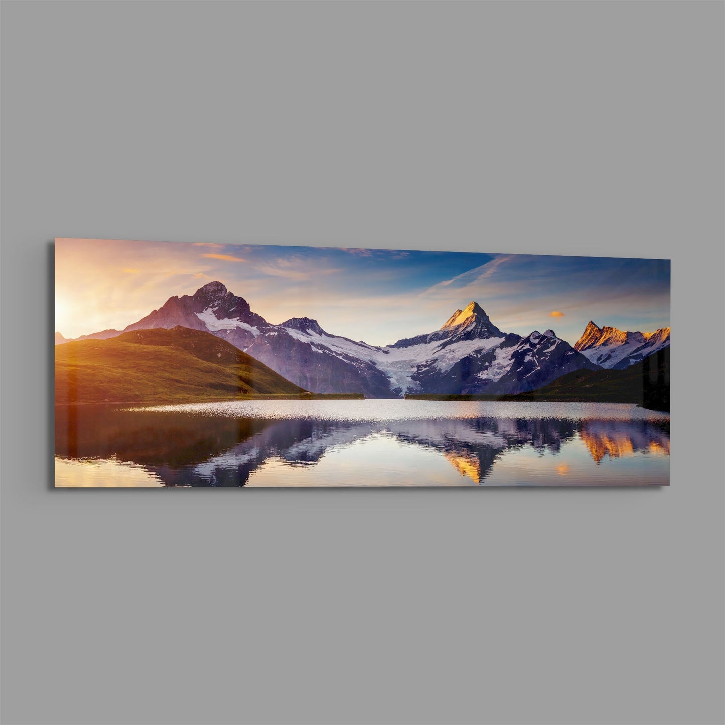 Sunrise Snowy Peaks Mirror Lake Glass Wall Art