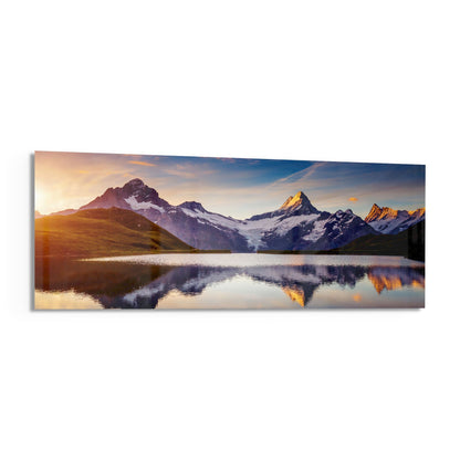 Sunrise Snowy Peaks Mirror Lake Glass Wall Art