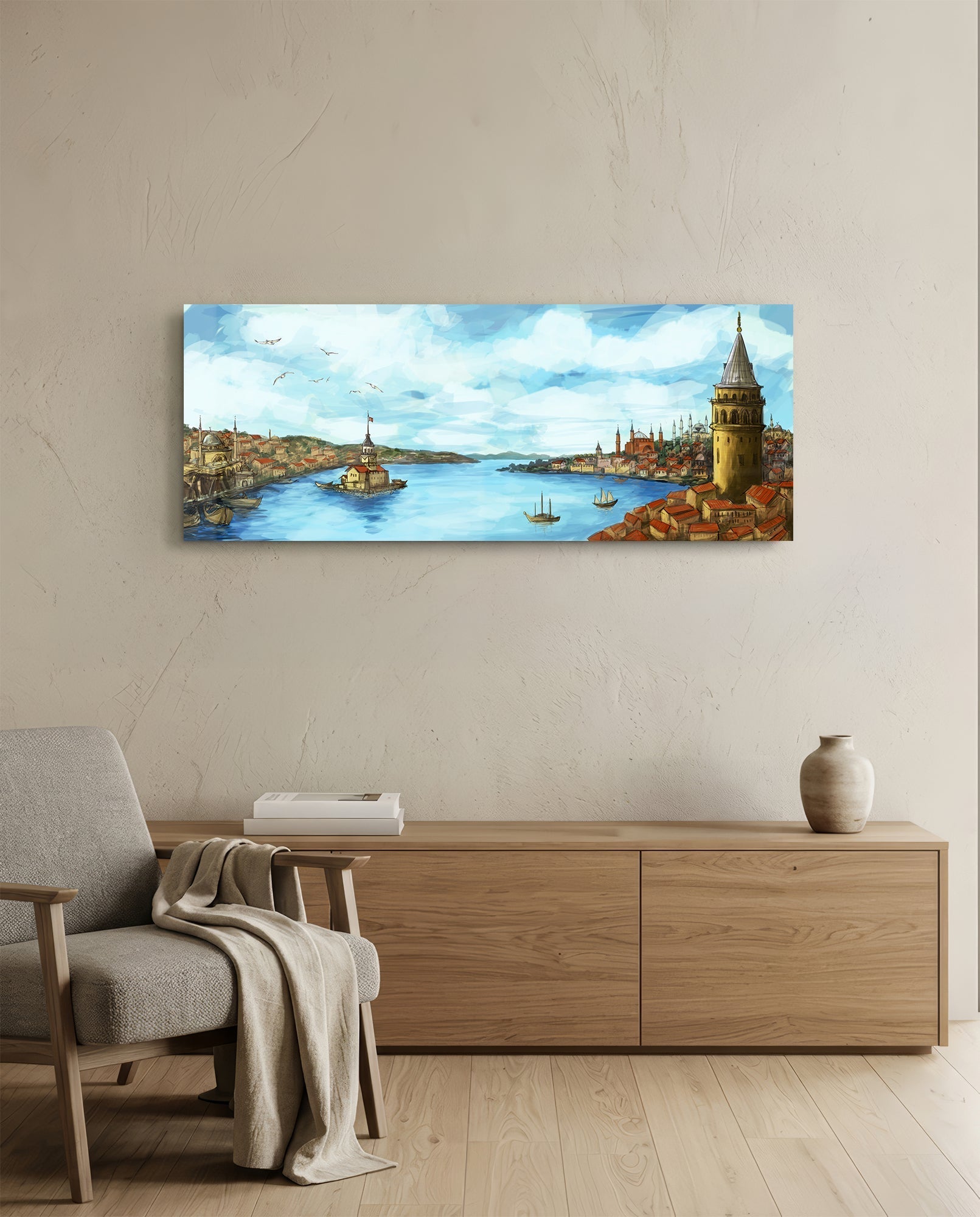 Horizontal glass wall art depicting Istanbul's Golden Horn waterfront with towers and boats, displayed above wooden dresser in neutral interior.