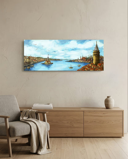 Horizontal glass wall art depicting Istanbul's Golden Horn waterfront with towers and boats, displayed above wooden dresser in neutral interior.