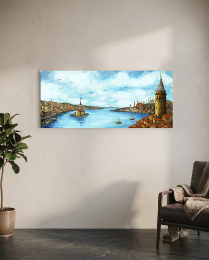 Horizontal glass wall art depicting Istanbul's Golden Horn waterway with the Galata Tower and mosques, displayed above a leather chair in a minimalist interior.