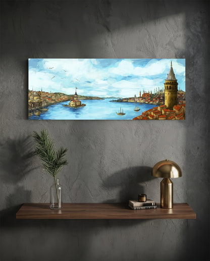 Panoramic glass wall art depicting Istanbul's Golden Horn with Galata Tower, mounted above wooden shelf with brass lamp and greenery.