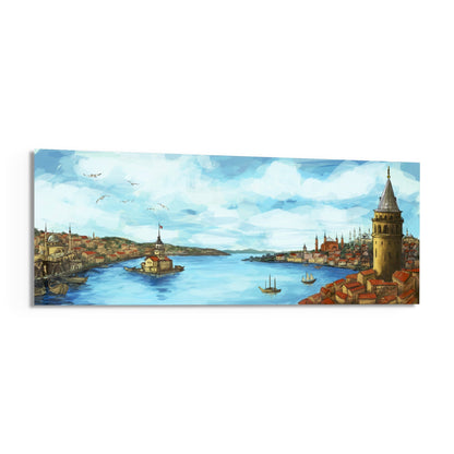 Panoramic glass wall art depicting Istanbul's waterfront with the Galata Tower, mosques, boats, and blue sky reflected on canvas.