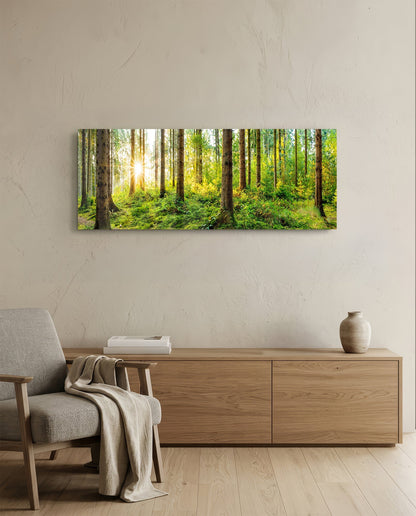 Starburst Sun Mossy Pine Forest Glass Wall Art