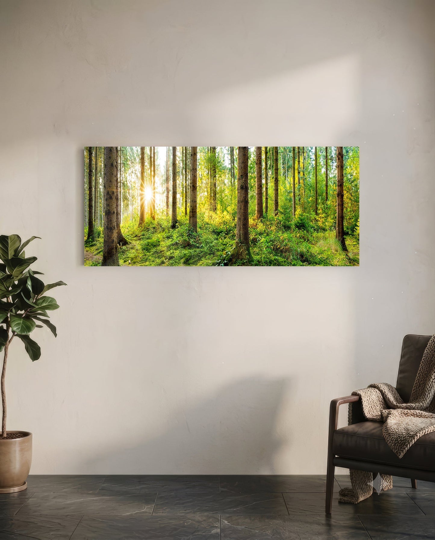 Starburst Sun Mossy Pine Forest Glass Wall Art