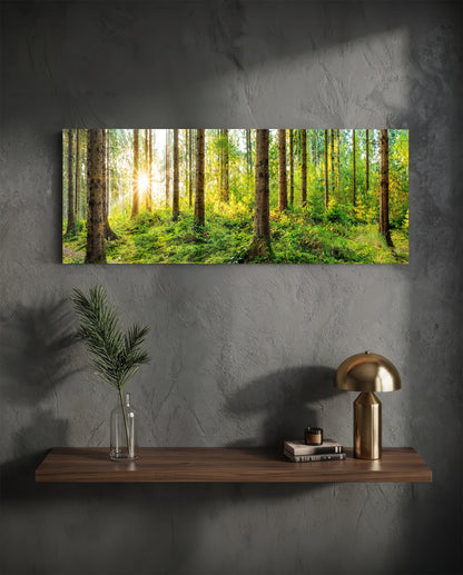 Starburst Sun Mossy Pine Forest Glass Wall Art
