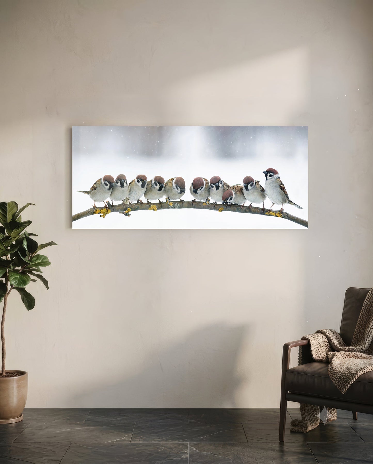 Snowy Sparrow Flock Lichen Branch Glass Wall Art