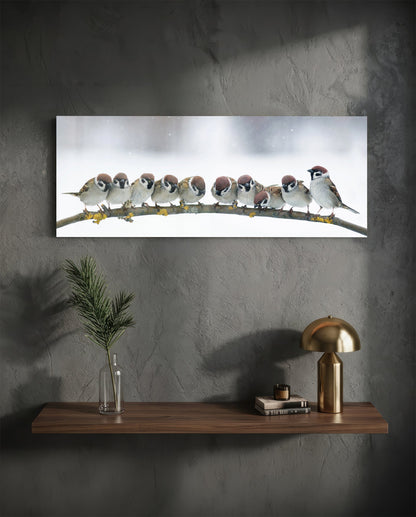 Snowy Sparrow Flock Lichen Branch Glass Wall Art