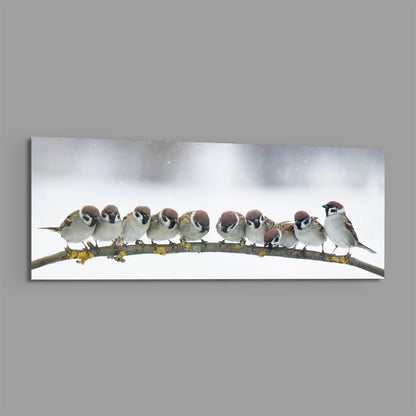Snowy Sparrow Flock Lichen Branch Glass Wall Art