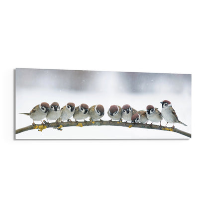 Snowy Sparrow Flock Lichen Branch Glass Wall Art