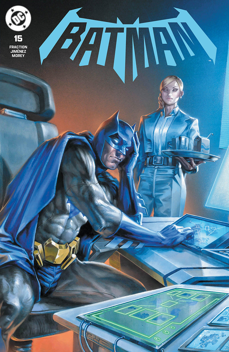 Cover of Batman #15 showing Batman seated at a glowing blue console, with a woman holding a tray behind him.