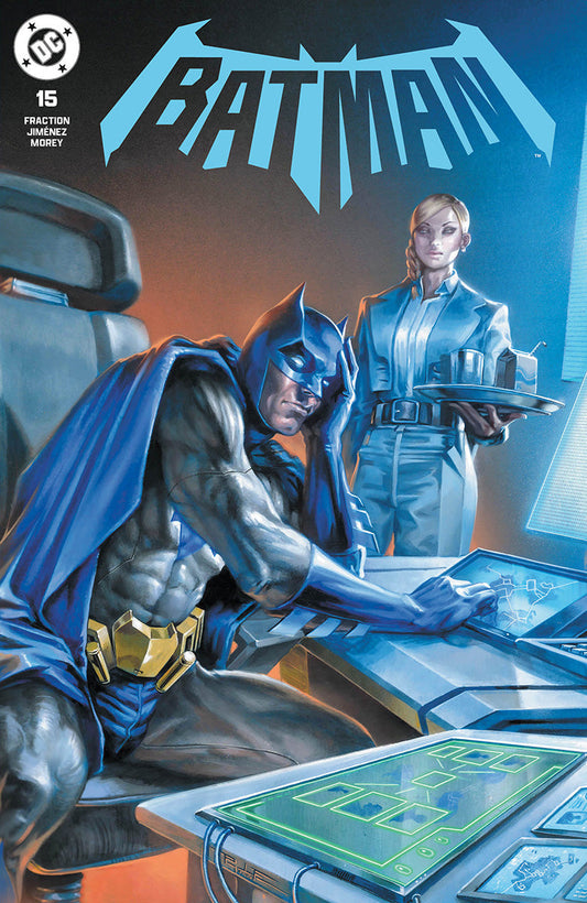 Cover of Batman #15 showing Batman seated at a glowing blue console, with a woman holding a tray behind him.