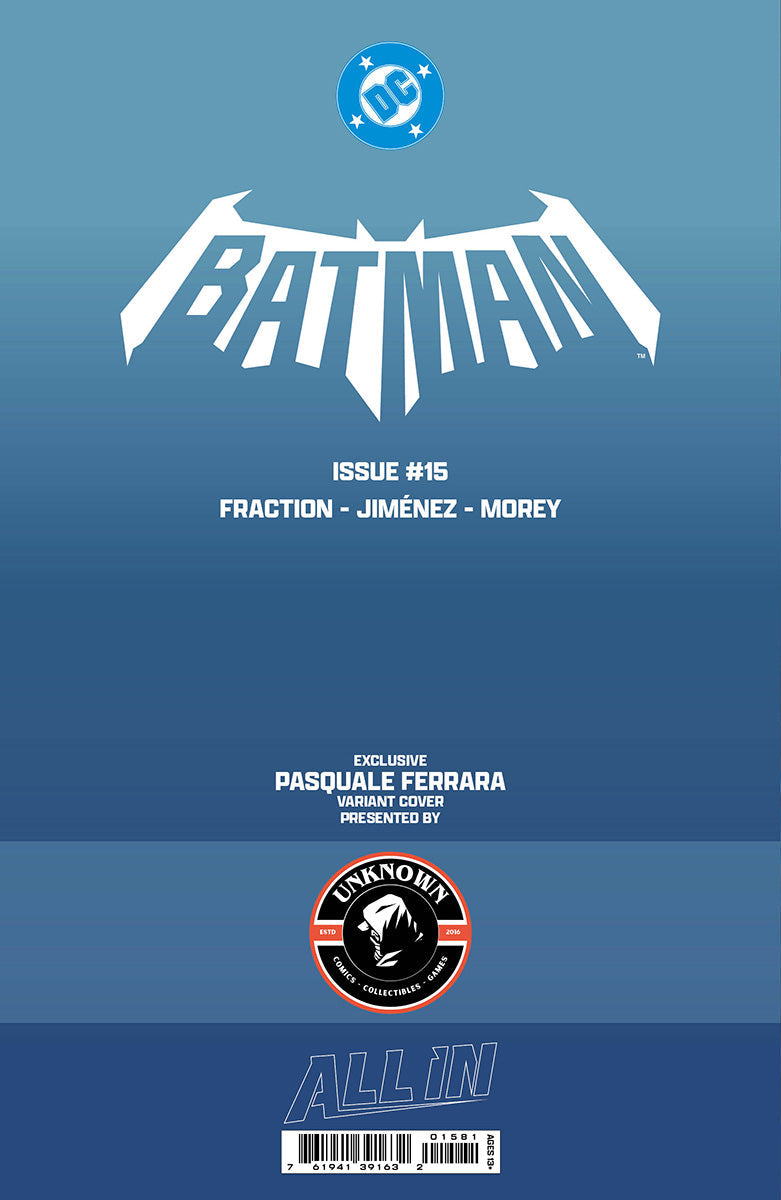 Back cover of a comic on a blue gradient, with a white Batman logo, DC roundel, creator credits, and a barcode at the bottom.