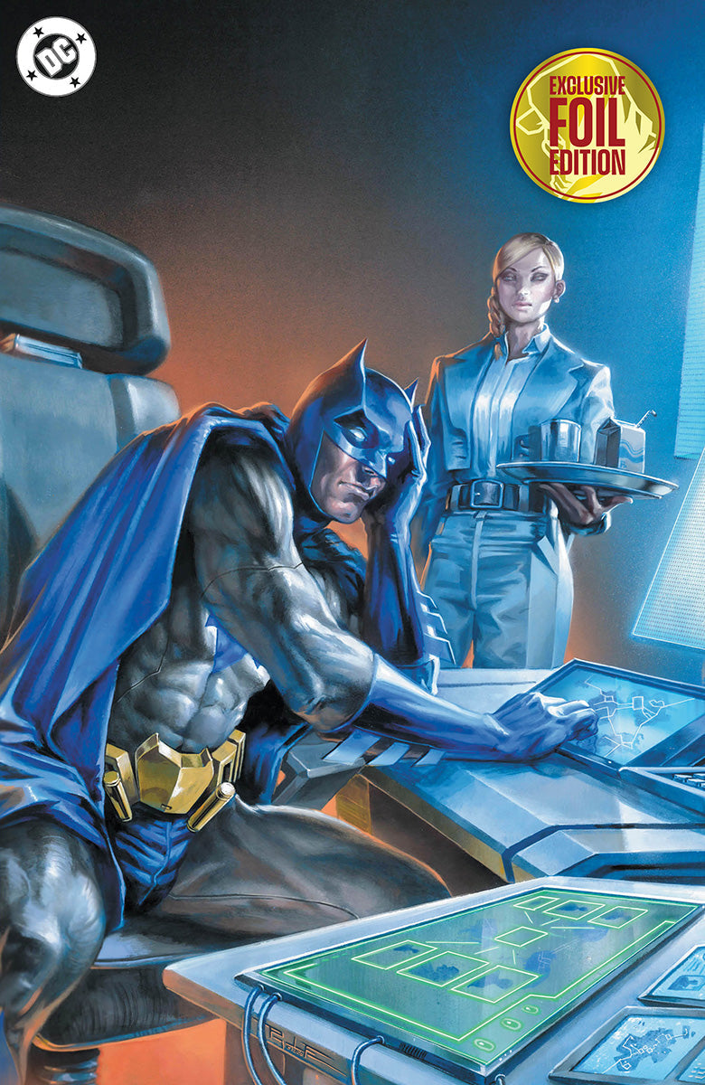 Comic cover showing seated Batman, head in hand, at a glowing console, with a yellow "EXCLUSIVE FOIL EDITION" badge at top right.