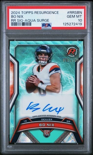 Front view of graded football card featuring Bo Nix in white Denver Broncos uniform with blue signature on turquoise background.