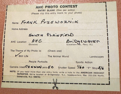 Close-up of the hand-filled AHC Photo Contest entry blank: Bridgewater location, Still Life checked, camera, lens 50, shutter 1/60 and f-stop filled in by hand