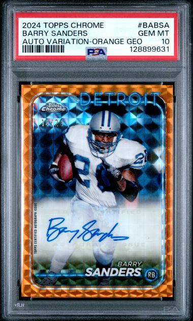 PSA-graded trading card in clear case displaying Barry Sanders autographed football card with orange geometric border and player image.