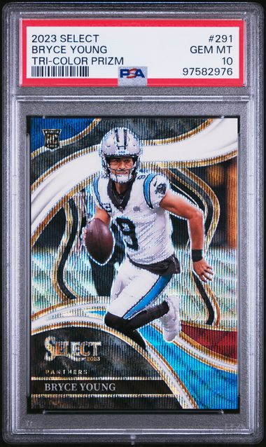 Front of graded trading card showing Bryce Young in white Carolina Panthers uniform against prismatic blue and gold background, encased in PSA-graded plastic holder.