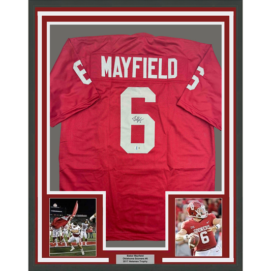 Framed Autographed/Signed Baker Mayfield 35x39 Oklahoma Crimson College Football Jersey Beckett BAS COA
