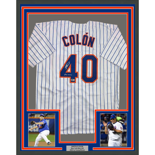 Framed Autographed/Signed Bartolo Colon 35x39 Inscribed Big Sexy New York Pinstripe Baseball Jersey Beckett BAS COA