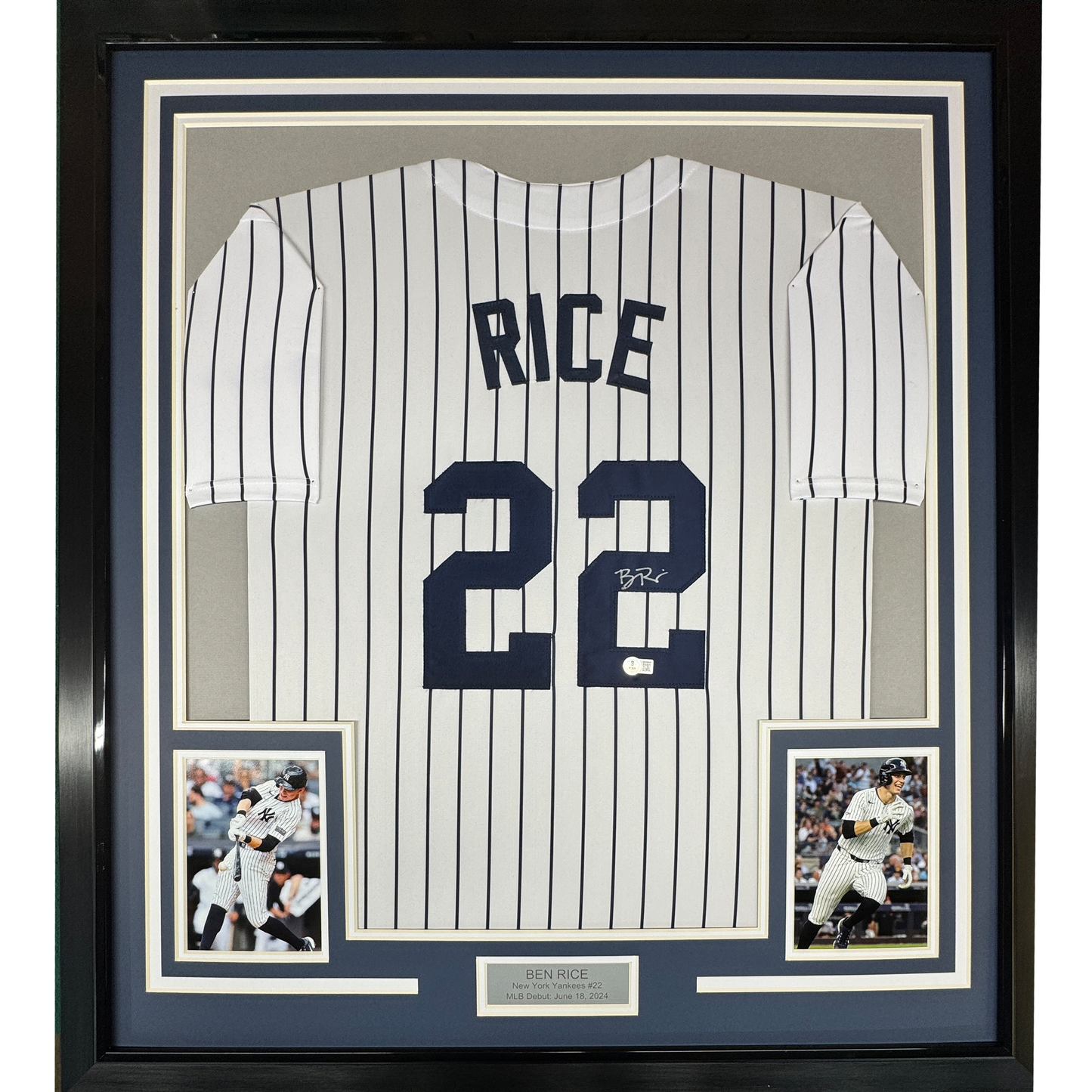 Framed white pinstriped New York Yankees jersey #29 signed by Ben Rice, flanked by two action photos, with nameplate below.