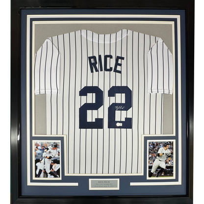 Framed white pinstriped New York Yankees jersey #29 signed by Ben Rice, flanked by two action photos, with nameplate below.