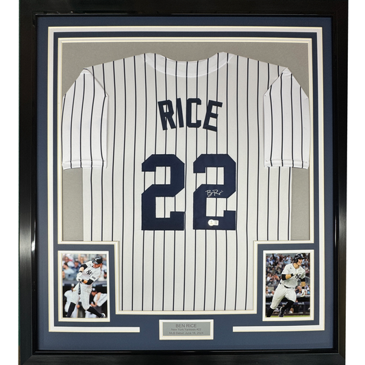 Framed white pinstriped New York Yankees jersey #29 signed by Ben Rice, flanked by two action photos, with nameplate below.