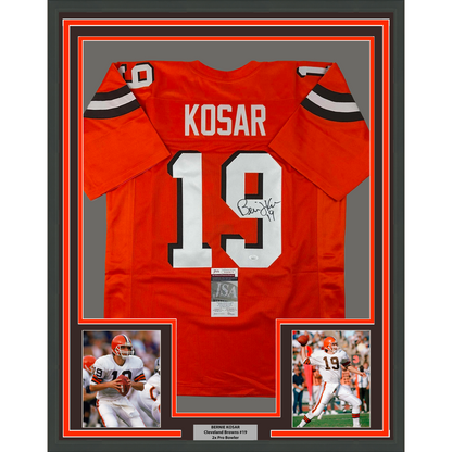 Framed Autographed Bernie Kosar 35x39 Cleveland Orange Football Jersey JSA COA