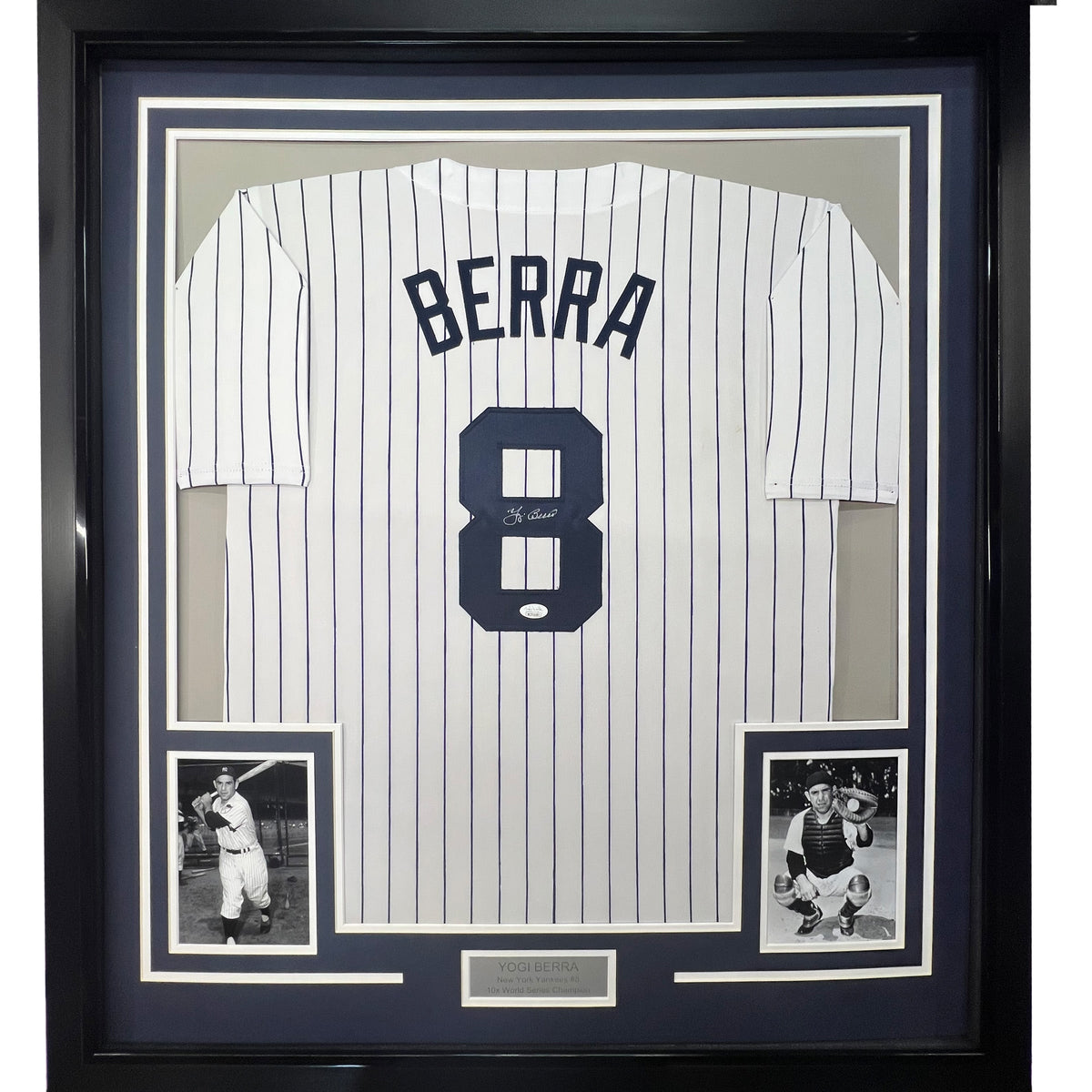 Framed Autographed/Signed Yogi Berra New York Pinstripe Baseball Jersey JSA COA