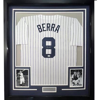 Framed Autographed/Signed Yogi Berra New York Pinstripe Baseball Jersey JSA COA