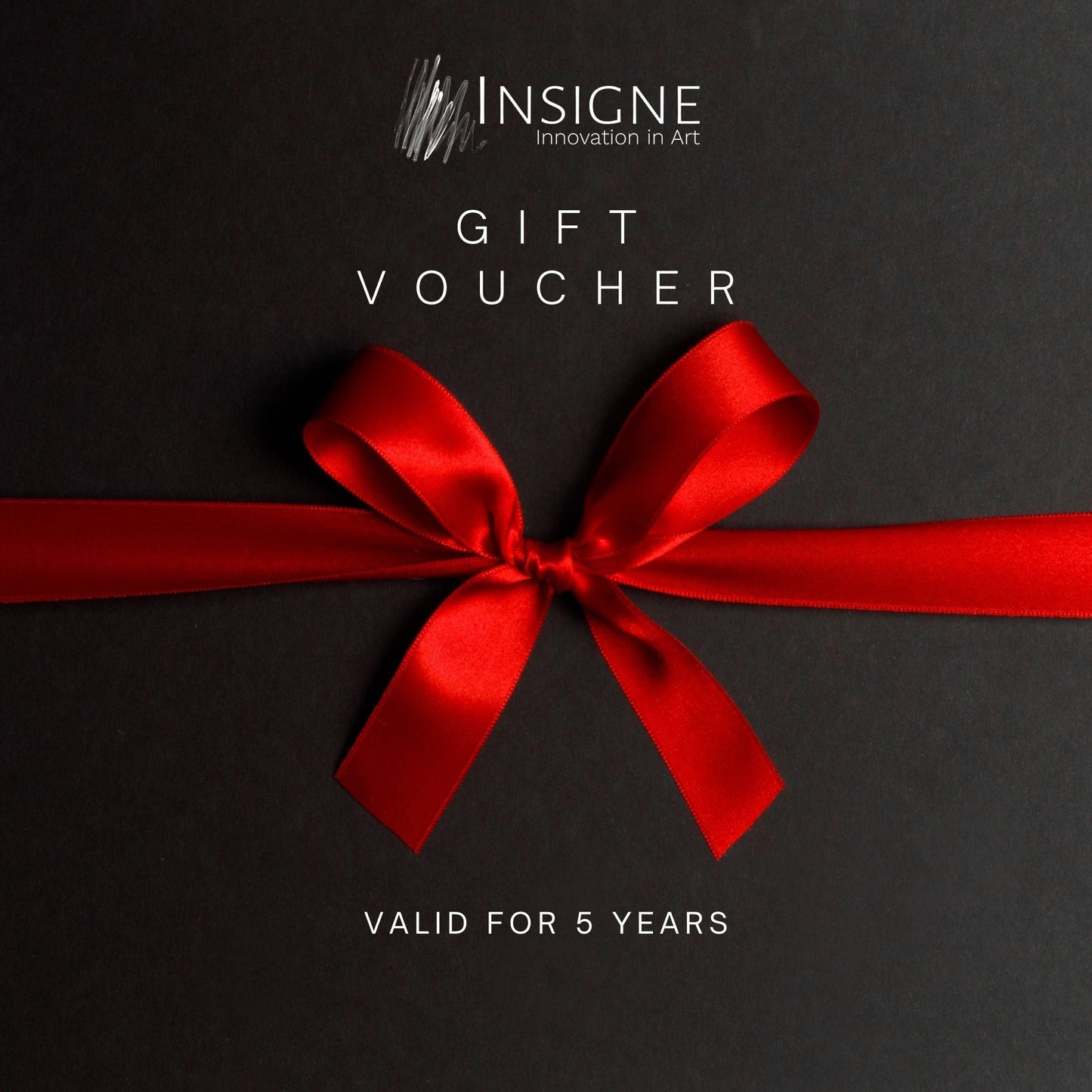 Red satin ribbon bow tied across dark background with Insigne logo and "Gift Voucher" text, valid for 5 years.