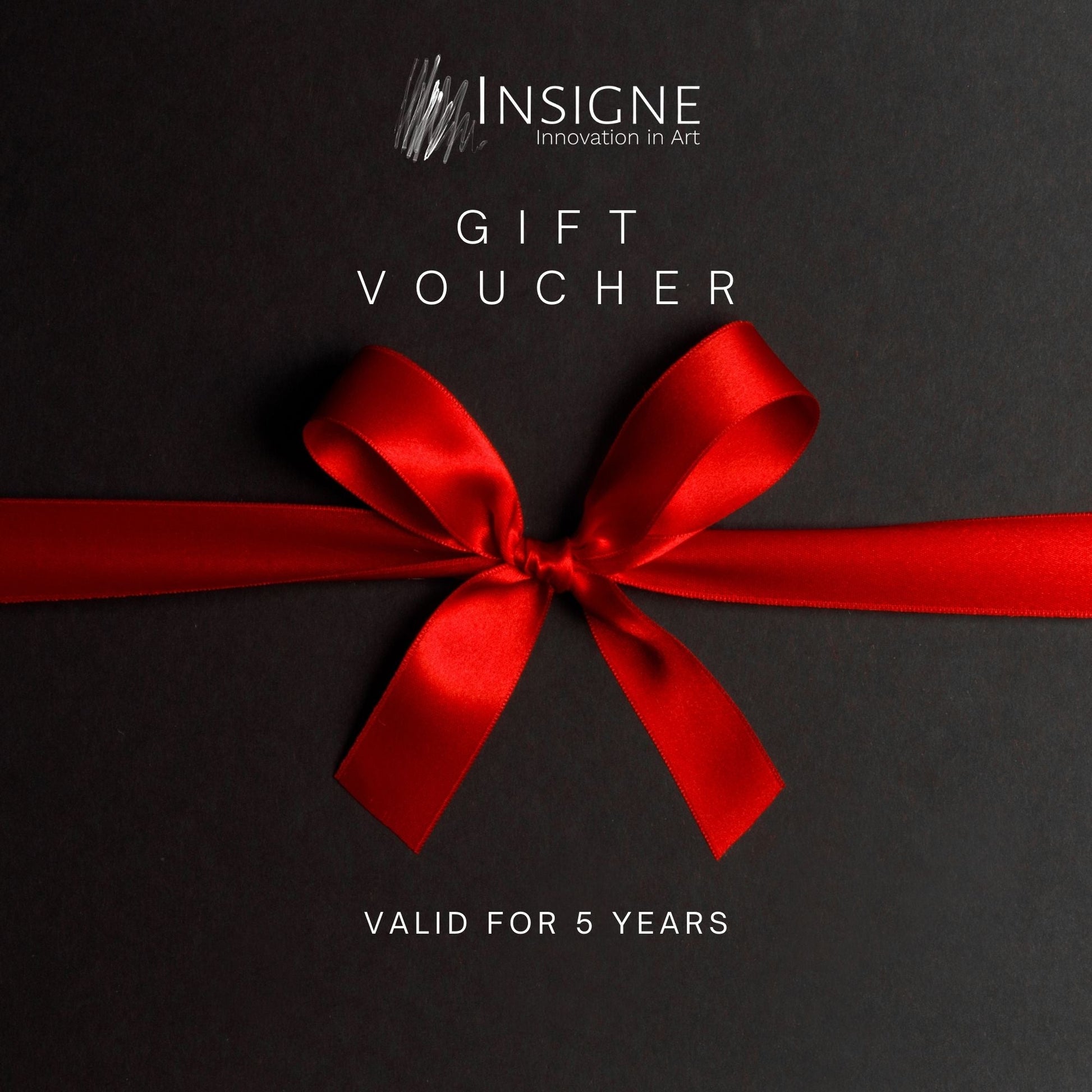 Red satin ribbon bow tied across dark background with Insigne logo and "Gift Voucher" text, valid for 5 years.