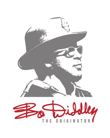 Gray and black Bo Diddley t-shirt with Axe Heaven guitar case gift