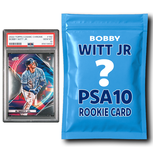 A graded Bobby Witt Jr. rookie card in a PSA case alongside a blue mystery pack envelope containing an unknown PSA 10 rookie card.
